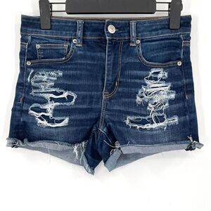American Eagle Level Stretch Hi Rise Shortie Roll Raw Hem‎ Denim Shorts Women 4